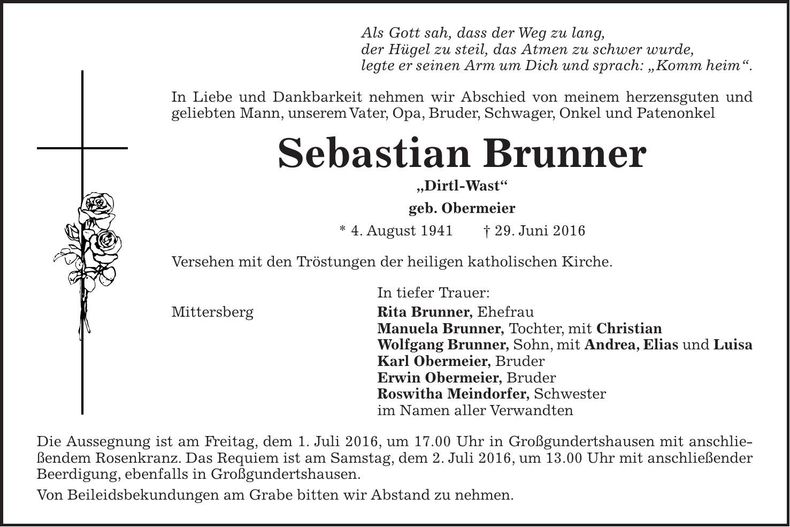 Traueranzeige Sebastian Brunner