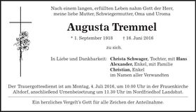 Traueranzeige Augusta Tremmel