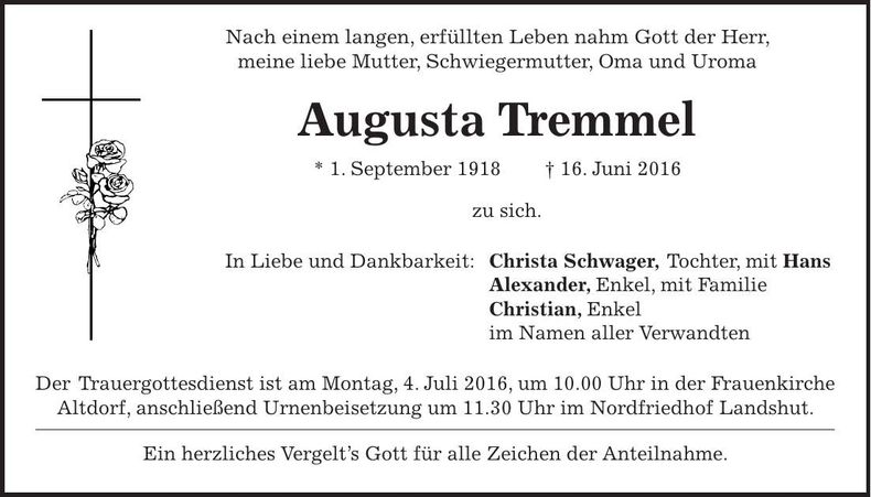 Traueranzeige Augusta Tremmel