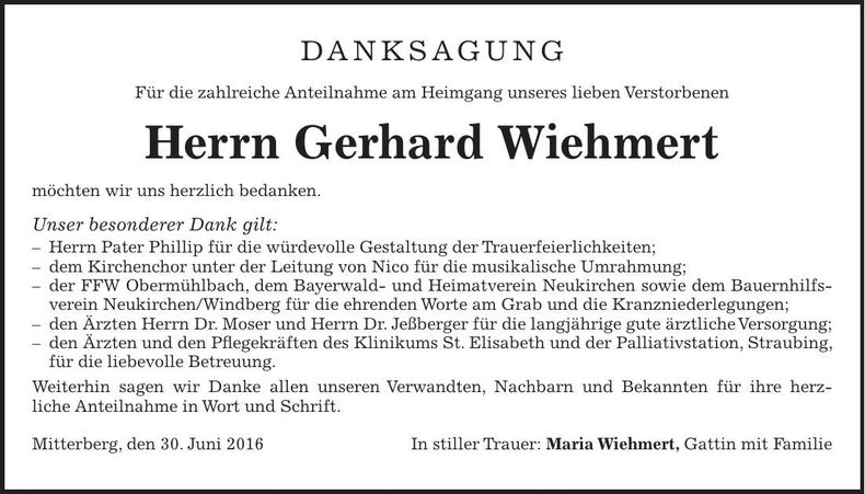 Traueranzeige Gerhard Wiehmert