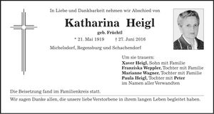 Traueranzeige Katharina Heigl
