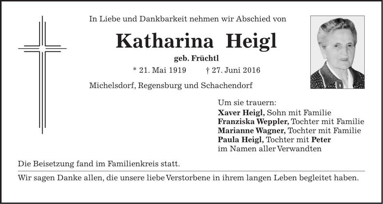 Traueranzeige Katharina Heigl