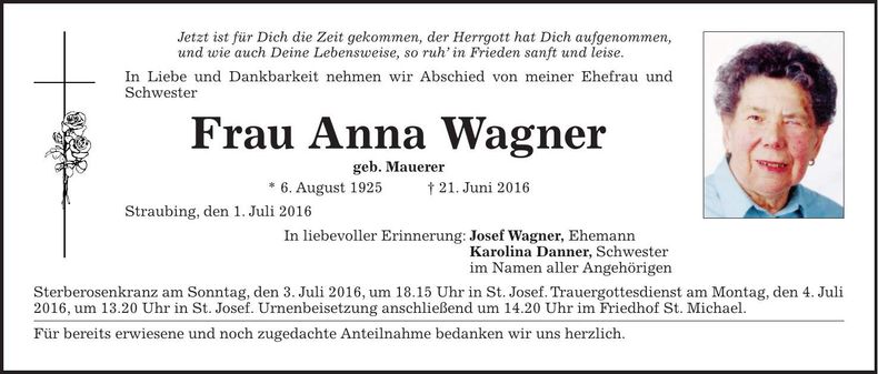 Traueranzeige Anna Wagner