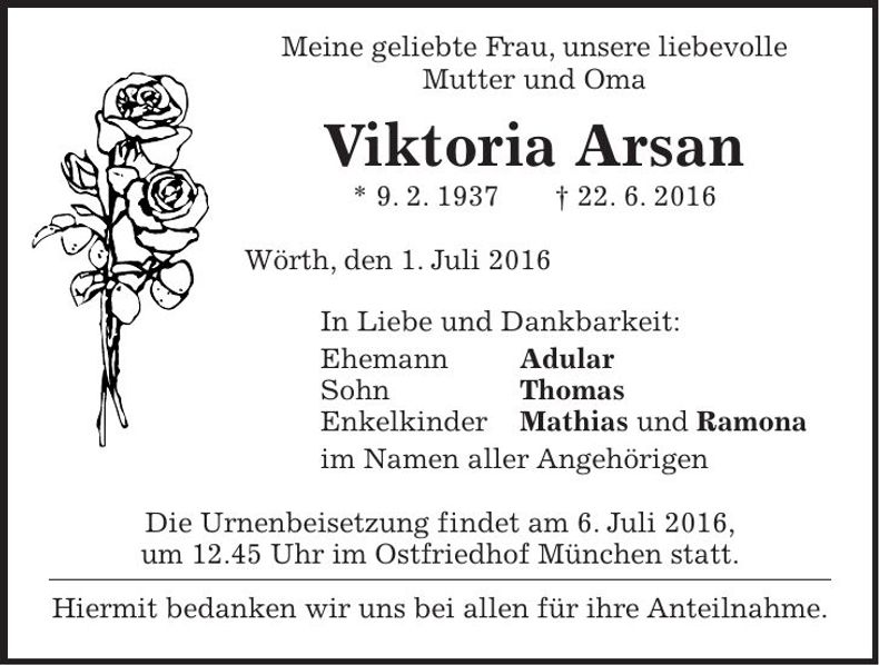 Traueranzeige Viktoria Arsan