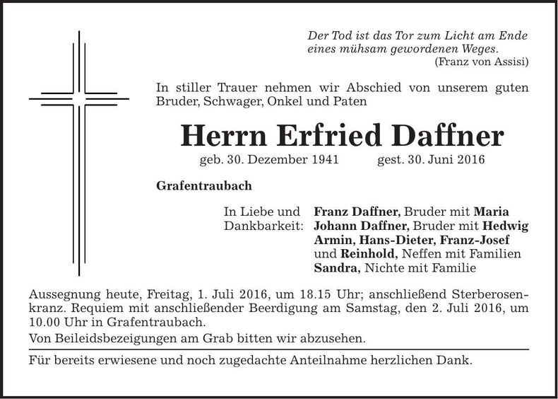 Traueranzeige Erfried Daffner