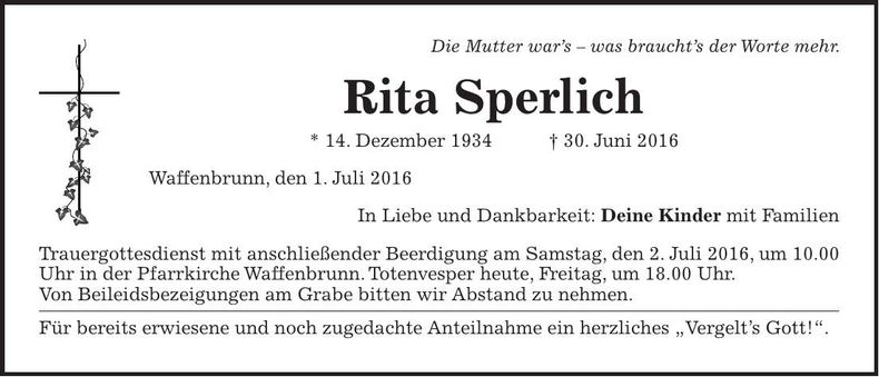 Traueranzeige Rita Sperlich