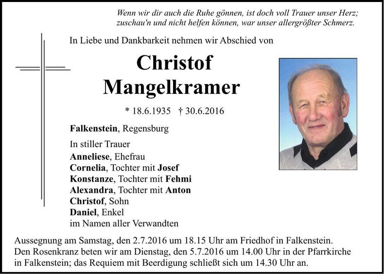Traueranzeige Christof Mangelkramer