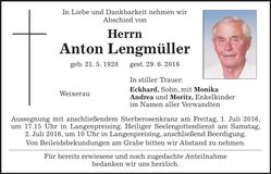 Traueranzeige Anton Lengmüller