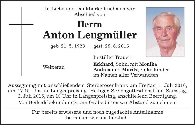 Traueranzeige Anton Lengmüller