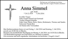 Traueranzeige Anna Simmel