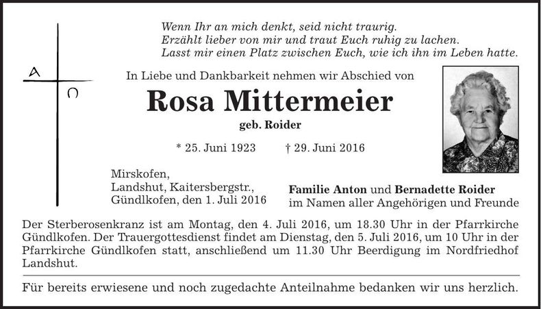 Traueranzeige Rosa Mittermeier