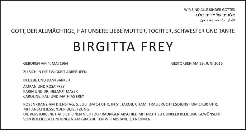 Traueranzeige Birgitta Frey