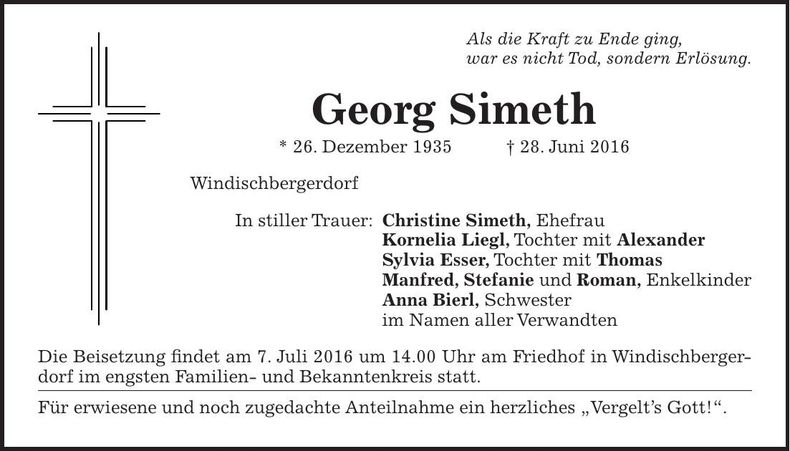 Traueranzeige Georg Simeth