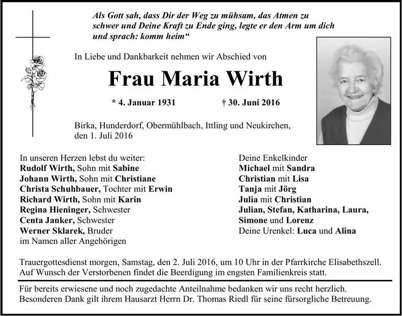 Traueranzeige Maria Wirth