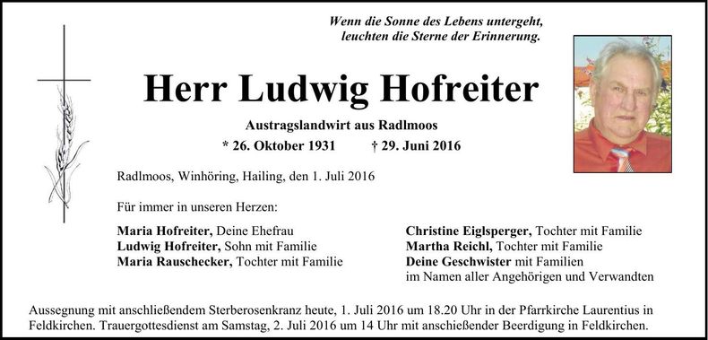 Traueranzeige Ludwig Hofreiter