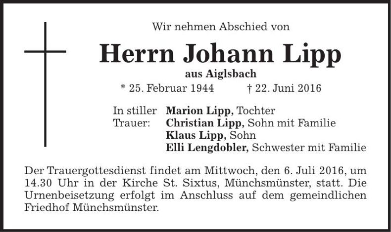 Traueranzeige Johann Lipp