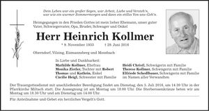 Traueranzeige Heinrich Kollmer