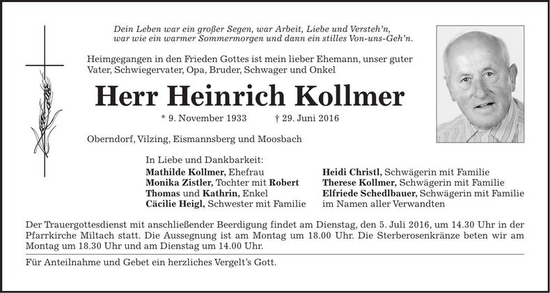 Traueranzeige Heinrich Kollmer