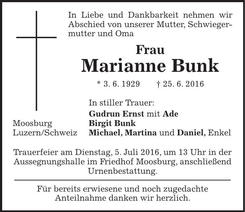 Traueranzeige Marianne Bunk