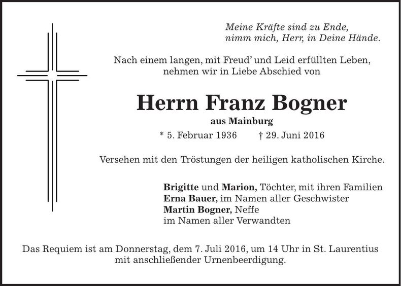 Traueranzeige Franz Bogner