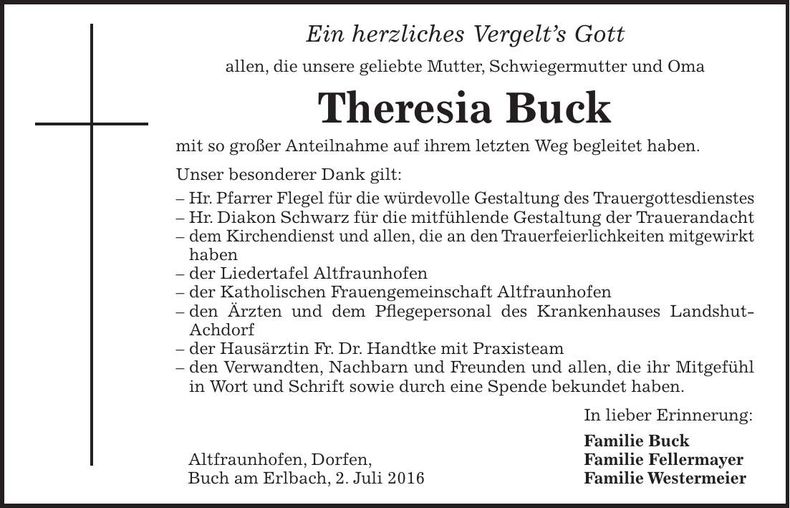 Traueranzeige Theresia Buck