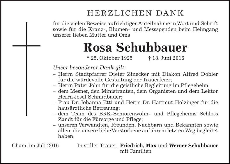 Traueranzeige Rosa Schuhbauer
