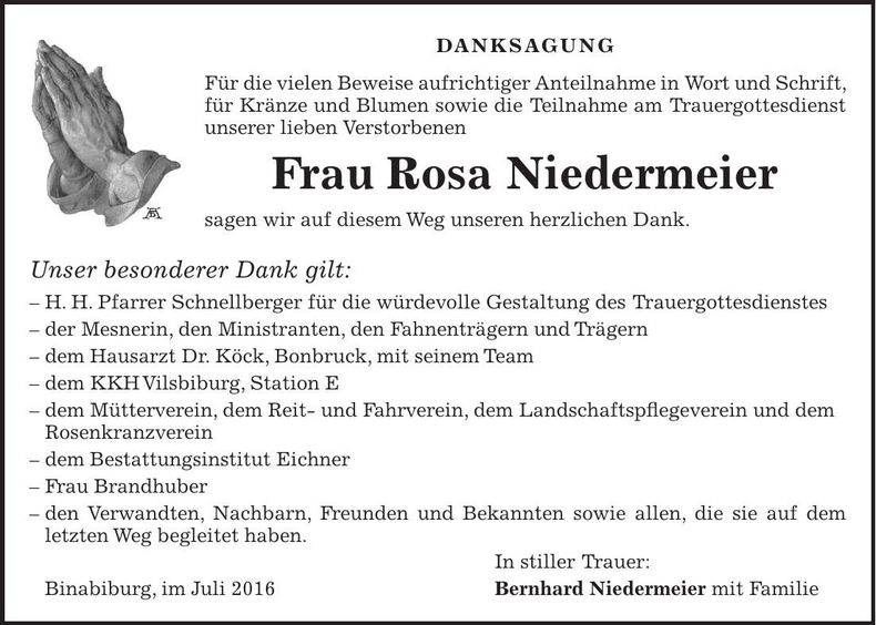 Traueranzeige Rosa Niedermeier