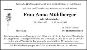 Traueranzeige Anna Mühlberger