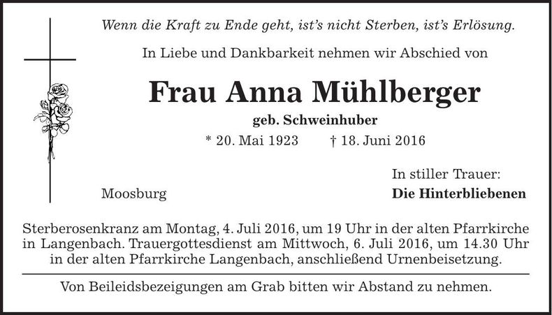Traueranzeige Anna Mühlberger