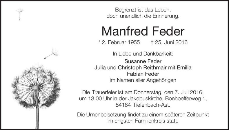 Traueranzeige Manfred Feder
