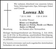 Traueranzeige Lorenz Alt