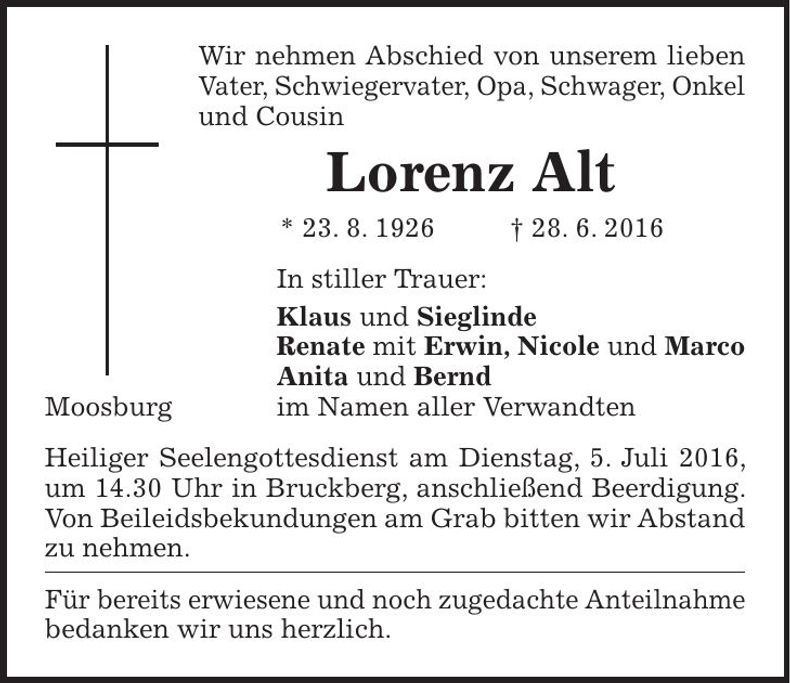 Traueranzeige Lorenz Alt