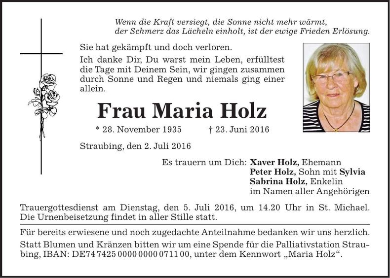 Traueranzeige Maria Holz