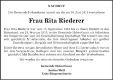 Traueranzeige Rita Riederer
