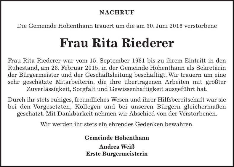 Traueranzeige Rita Riederer