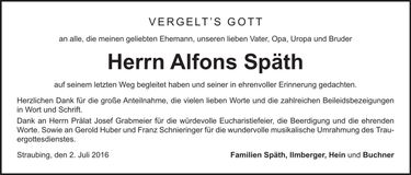 Traueranzeige Alfons Späth