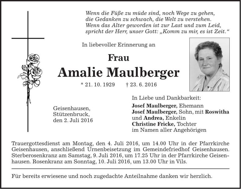 Traueranzeige Amalie Maulberger