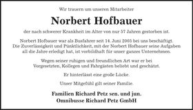 Traueranzeige Norbert Hofbauer