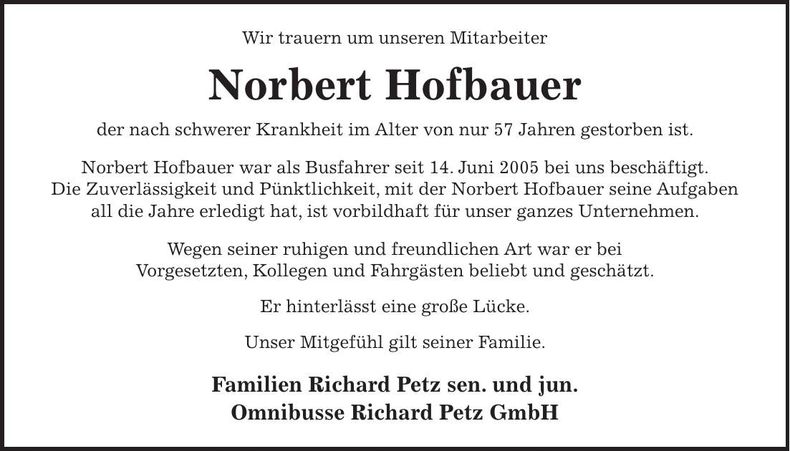 Traueranzeige Norbert Hofbauer