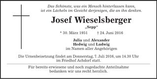Traueranzeige Josef Wieselsberger