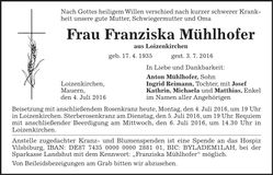 Traueranzeige Franziska Mühlhofer
