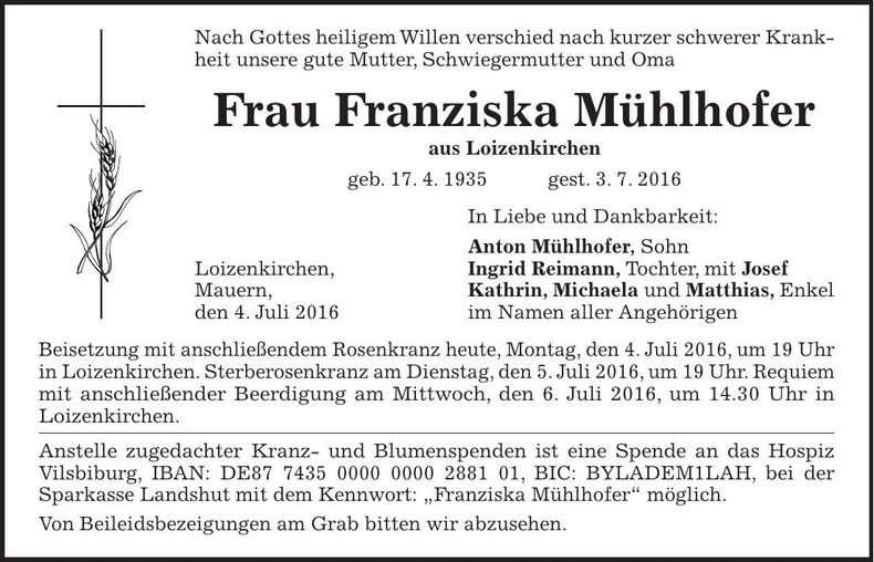 Traueranzeige Franziska Mühlhofer