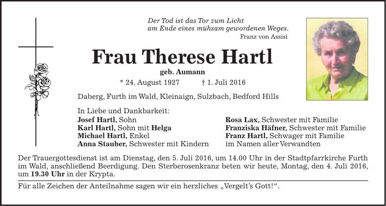 Traueranzeige Therese Hartl