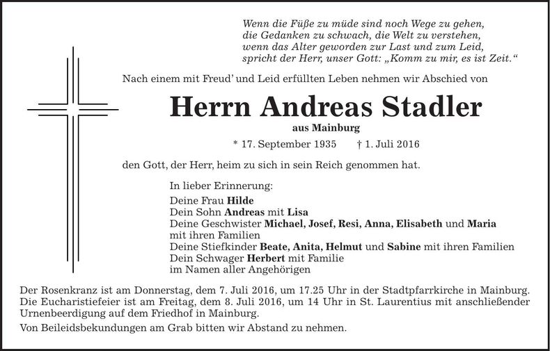 Traueranzeige Andreas Stadler