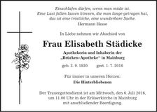Traueranzeige Elisabeth Städicke