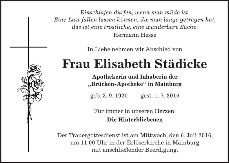 Traueranzeige Elisabeth Städicke