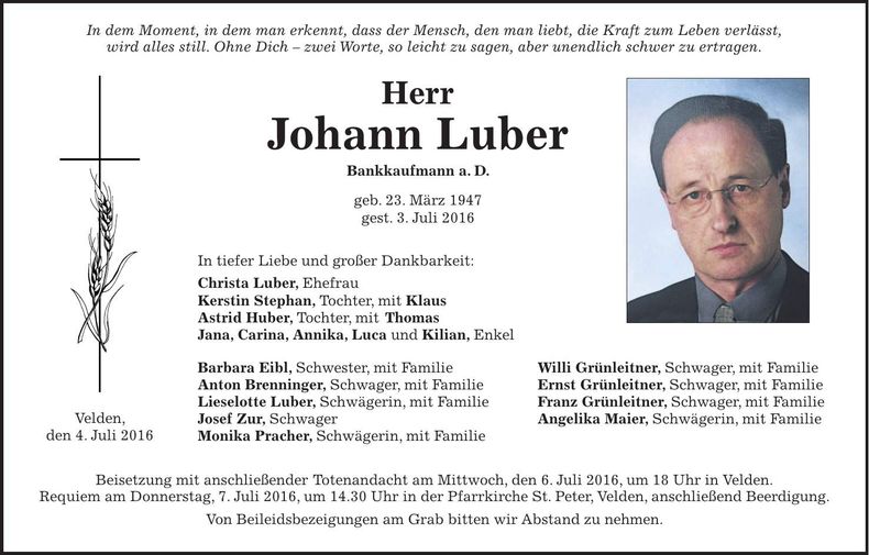 Traueranzeige Johann Luber