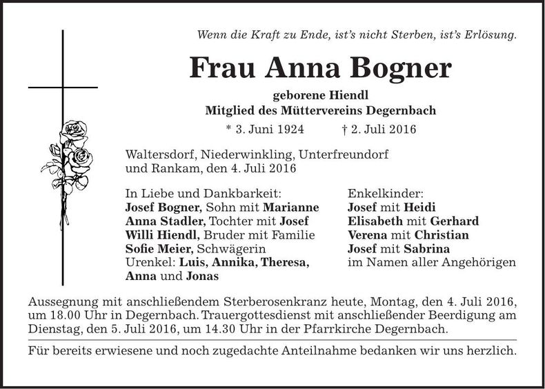 Traueranzeige Anna Bogner