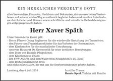 Traueranzeige Xaver Spätz