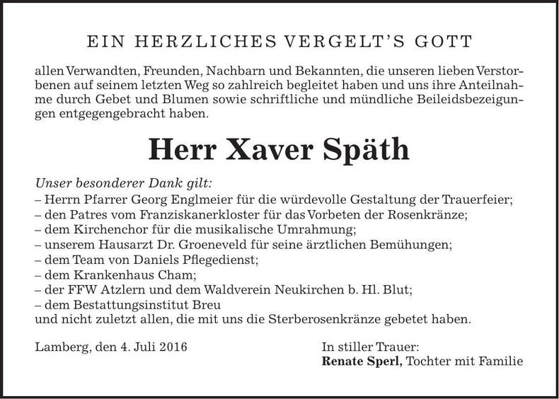 Traueranzeige Xaver Spätz